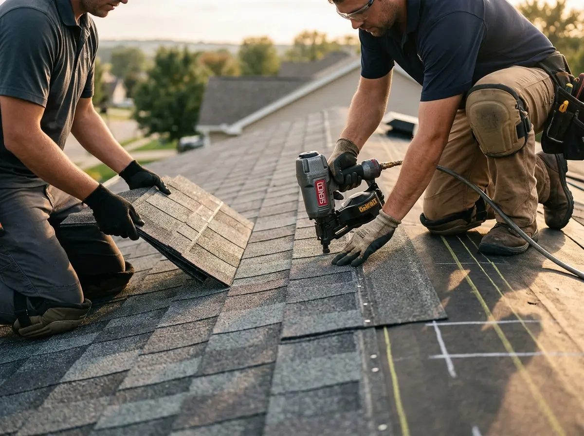 Professional roofer working on a residential roof in Anamosa